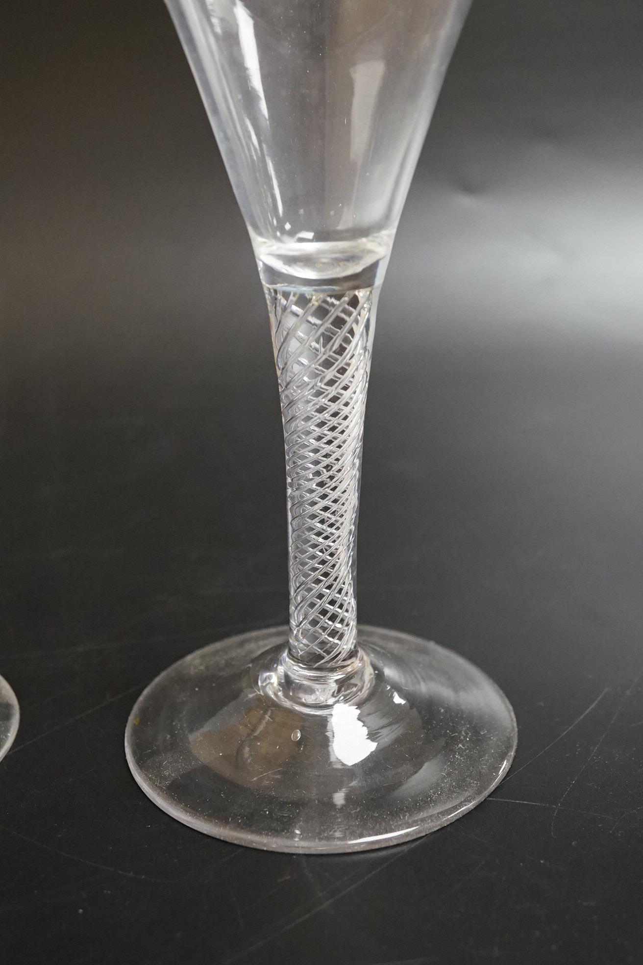 Two air twist stem funnel bowl wine glasses, c.1745, tallest 18.5cm high